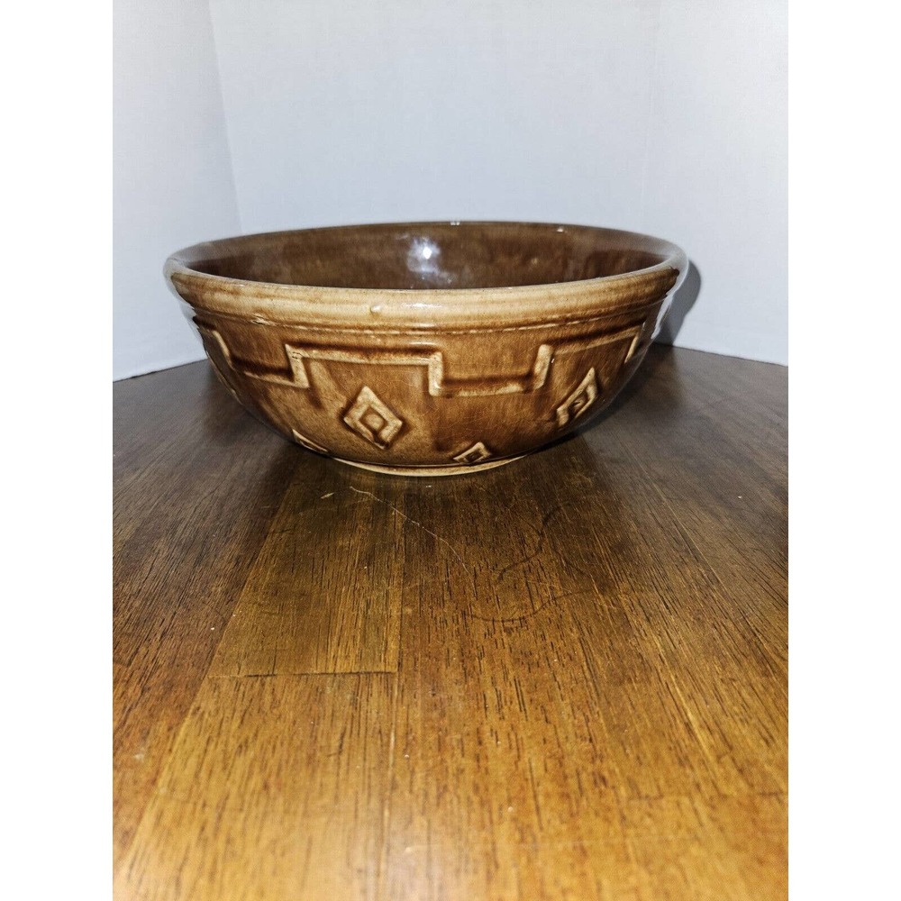 VTG 9" Diamond and Block Brown Glaze Pottery Mixing Bowl Serving Bowl USA
